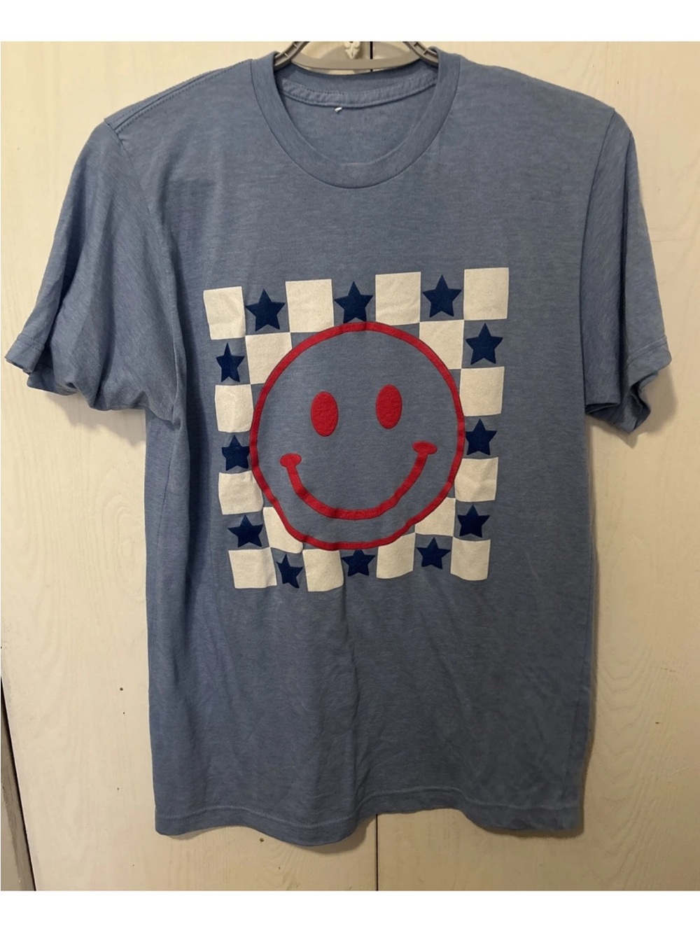Women's Blue Smiley Face Checkerboard T shirt.